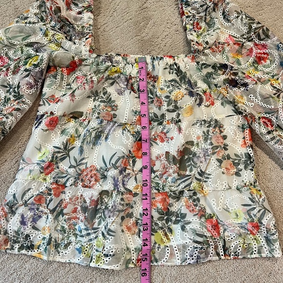 Alice + Olivia | Rowa Smocked Eyelet Floral & Butterfly Blouse, Size XS - Picture 9 of 14
